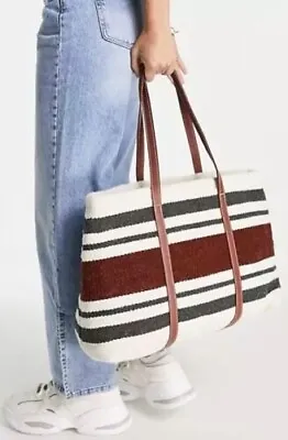 NWT Mango MNG Large Tote Striped With Leather Ivory & Brown • $27.99