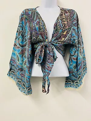 £23.99 • Buy Bohemian Top Blue Silk Hippie Cropped Floaty Sleeve Festival Indian Tie Front