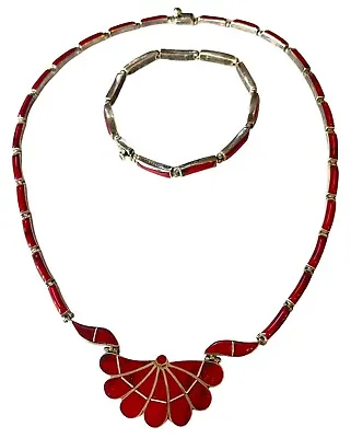 Vintage 950 Sterling Silver Taxco Necklace Bracelet Set Inlay Red Jasper • $299.99