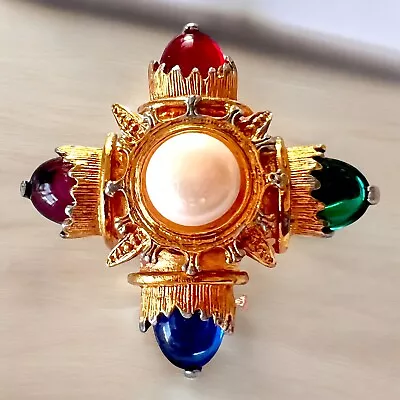 Vintage Premier Designs Maltese Cross Brooch Gold Tone Lucite Jewels Mogul • $52.50