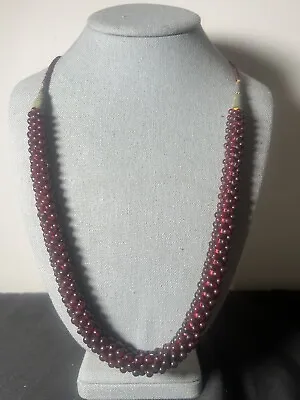 Estate Vintage Woven Bohemian Garnet  Bead Rope Prayer Bead Tassel Necklace • $22