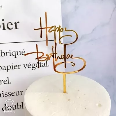 Acrylic Cake Topper Happy Birthday Gold Letters Party Decoration Design Idea • £2.49