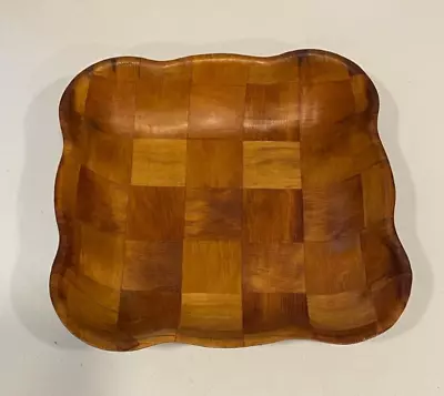 Vintage Weave Woven Wooden Serving/Salad Bowl Decorative Square Scallop Edge 11” • $11.38