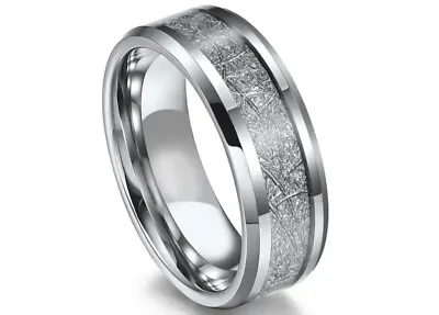 Men's Ring Titanium Steel Couples Fashion Band 8mm Silver Inlay SIZE 11 20.6mm • £3.19