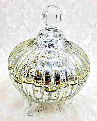 Vintage Candy Dish Silver Mercury Glass Compote Lidded Pedestal Bowl Centerpiece • $51.99