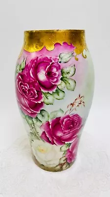 Antique Limoges T&V Hand Painted Deep Red Rose Vase 12 1/2  High Gold Gilt • $580