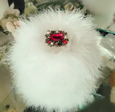 LARGE Powder Puff Body Dusting Ivory Fur Puff Down Feather Trimmed Ruby Pearl • $44.95