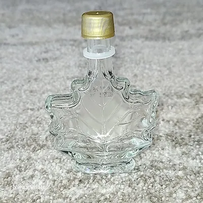 Canadian Clear Glass Maple Leaf Syrup Bottle Jar Gold Tone Lid 4.5  Empty • $11.24