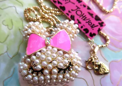 Betsey Johnson Crystal Pearl & Enamel Cute Bunny With Bow Pendant Chain Necklace • $19.95