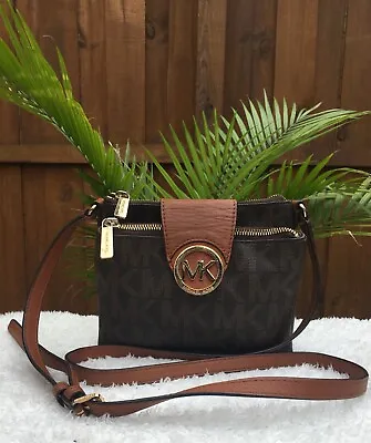 Michael Kors Signature Fulton Brown PVC/Leather Small Crossbody Shoulder Bag • $24