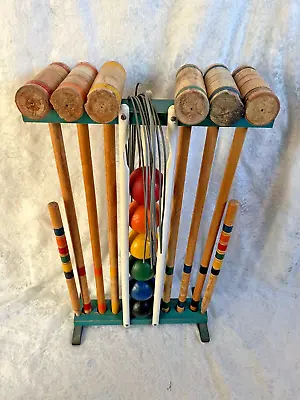 Vintage Six Player Croquet Set Lawn Yard Game With Wooden Stand • $65