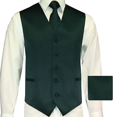 Forest Dark Green Tuxedo Suit Vest Waistcoat And Neck Tie Hanky Set Prom Wedding • $26.89