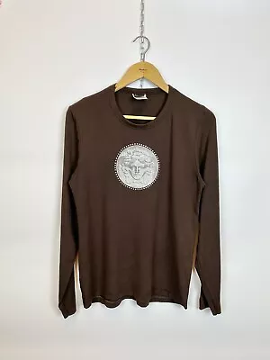 Vintage Versace Shirt Top Brown Womans Medusa Logo Long Sleeve Round Neck Size M • $38