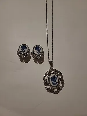 Vintage 1950s Era Whiting & Davis Blue Rose Cameo Jewelry Set • $60