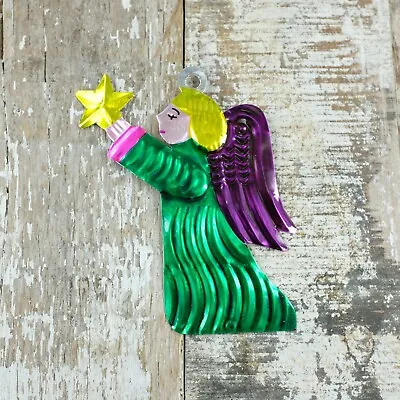 Mexican Tin Angel Holding Star Green Decoration • £3