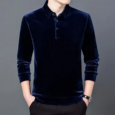 Mens Velvet Shirt Basic Top Fleece Lined Velour Thermal Business Office Workwear • $30.32