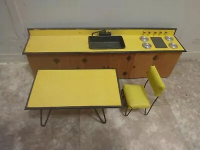 Vintage Dollhouse Kitchen Yellow Counter Top W/ Cabinets & Dinner Table N Chair • $57.95