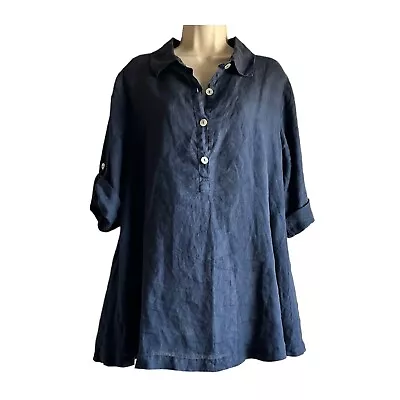 Match Point Lagenlook 100% Linen 3/4 Sleeve Tunic Top S Blue • $26.50