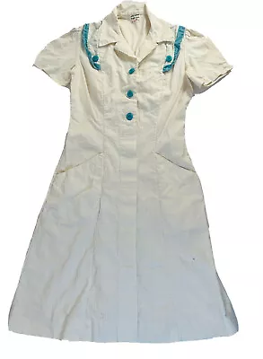 VTG 1950s Womens Small White Cotton Blue Button Nurse Dress Hospital Uniform • $65.99