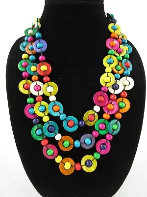 BOHO Colorful Wooden Beaded Necklace 3 Layer Tier Circles Hippie Ethnic Festival • $17.05