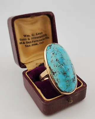 Vintage Chunky Turquoise Ring Custom Made 14k Yellow Gold Size 8 • $1999