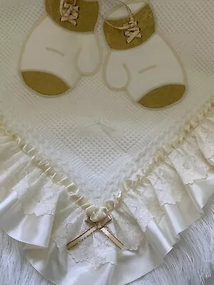 Romany Cream Baby Shawl Decorated With Cream & Gold Boxing Gloves • £25