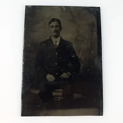 Mustache Necktie Chair Man Tintype C1870 Antique 1/6 Plate Suitcoat Photo A3732 • $29.95