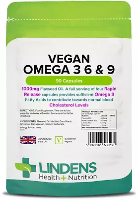 Lindens Vegan Omega 3 6 & 9 Flaxseed 1000mg Softgel Capsules - 90 Capsules • £12.99