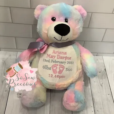 Personalised Rainbow Tie Dye Embroidered Teddy Bear New Baby • £27.99