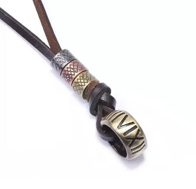 Mens Boys Leather NECKLACE SURFER Rope Adjustable Cord Bronze Metal Ring Pendant • £6.89