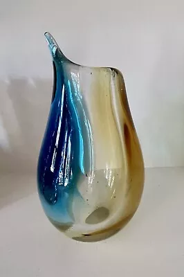 MURANO Teardrop MCM Style Art Glass Vase Blue Golden Yellow Green Mod • $44.50