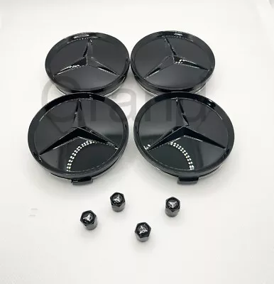 8pc For Mercedes-Benz Wheel Center Cap & Tire Air Valve Cap Set Gloss Black 75mm • $27.95