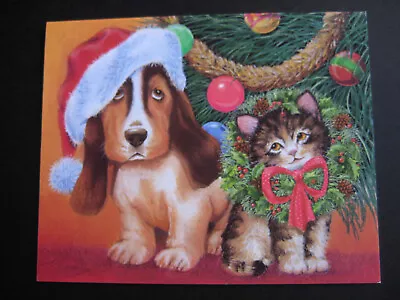 UNUSED Vintage Greeting Card Red Farm Studio CHRISTMAS Santa Dog Cat W/ Wreath • $3.50