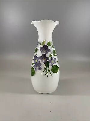 Vintage Vase Hand Painted Frosted Glass Ruffled Edge Violets 6.5” Tall • $17.99