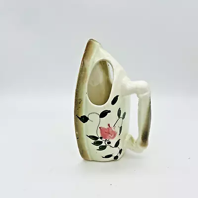 Vintage Ceramic Iron Shaped Hanging Wall Pocket Planter Cream Pink Flowers • $17.99