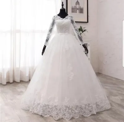 £169 • Buy UK White/Ivory Long Sleeve Floor Length Lace A Line Wedding Dresses Size 6-22