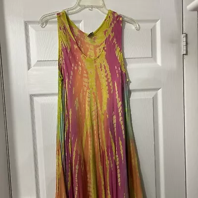 SHORELINE Beach Dress Maxi One Size Pullover Tye Dye Pink Orange Yellow Grn Boho • $9