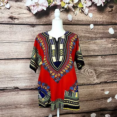 Klub Kool Women’s Dashiki Boho Red Abstract Geo Print Kaftan Blouse Tunic • £14.94