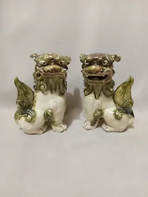 Pair Of Vintage Chinese FOO DOGS Glazed Ceramic Sculptures • $195