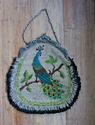 Antique Double-Sided Micro-Bead Peacock Purse Embossed Cherubs Frame W/fringe • $89