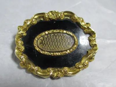 Victorian Gold Black Enamel Mourning Brooch Woven Hair Shell Scroll Frame • $95