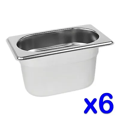 STAINLESS STEEL FOOD PANS 6 X GASTRONORM 1/9 CONTAINERS 100mm DEEP BAIN MARIE • £36.50