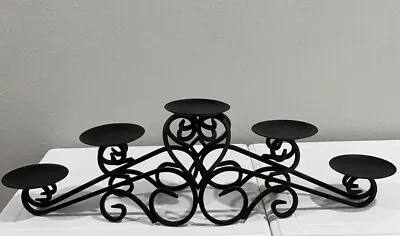 Vtg Black Wrought Iron 5 Pillar Tiered Candle Holder Scroll Work Heavy Clean EUC • $45