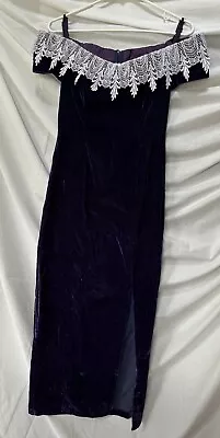 Vtg 90s Steppin Out Purple Velvet Off Shoulder Prom Evening Maxi Dress XS • $39.99