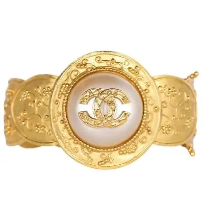 Vintage Chanel Gold Faux Pearl Textured Metal CC Logo Bracelet  • $1895