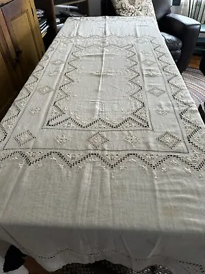 Antique Handmade Italian Whitework Embroidery Lace Banquet Linen Tablecloth • $93.74