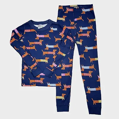 Hanna Andersson Kids Pajamas 120 US 6-7 Christmas Blue Dacshund Dog In Sweater • $18.99