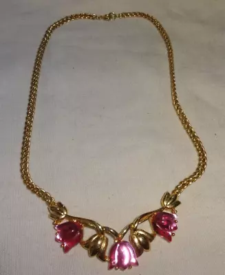 VTG Trifari Gold Tone Pink Lucite Tulip Flower Signed Necklace • $115