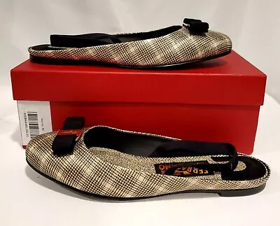 FERRAGAMO Vara Bow Houndstooth Slingback Flat (Women) Ballet Flat Size 11 (NIB) • $415