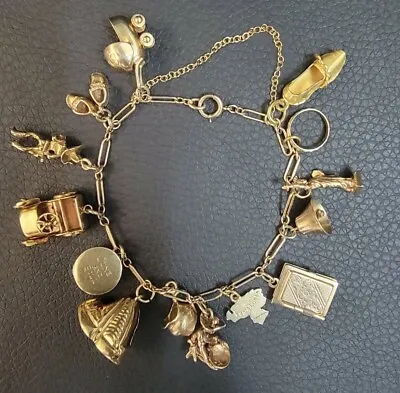 1940's Vintage All Solid  14K Gold Charm Bracelet With 13 Old Nice Unique Charms • $2500